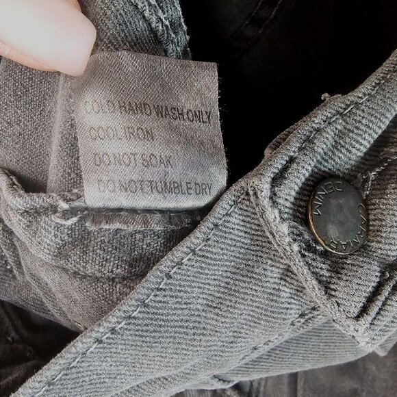 Carmar LF Charcoal Gray Faded Black Denim Jacket Red Star Patches M Distressed - Picture 5 of 11